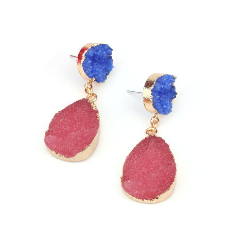 Blue and watermelon pink faux druzy teardrop drop earrings side angle