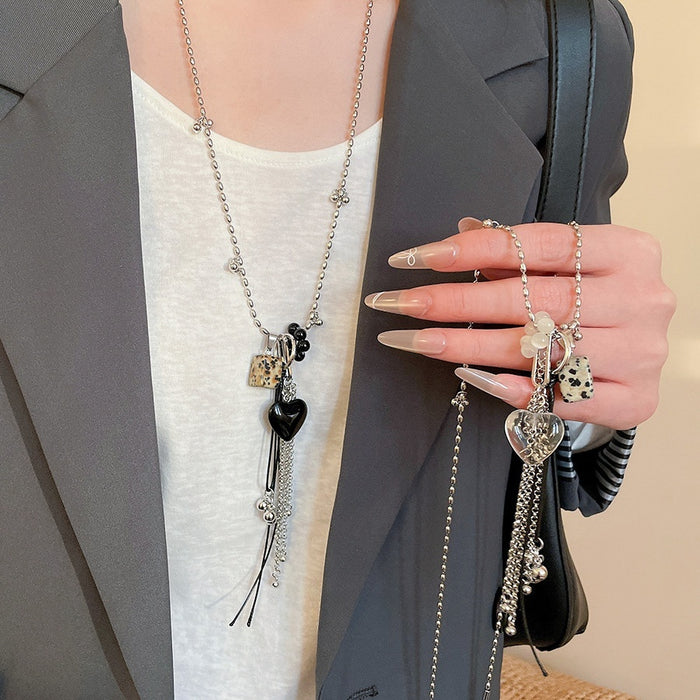 Light Luxury Glass Crystal Heart Geometric Pendant Tassel Sweater Necklace