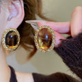 French Court Style Geometric Oval Resin Marbled Stud Earrings With Silver Posts view 1