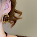 French Court Style Geometric Oval Resin Marbled Stud Earrings With Silver Posts view 3