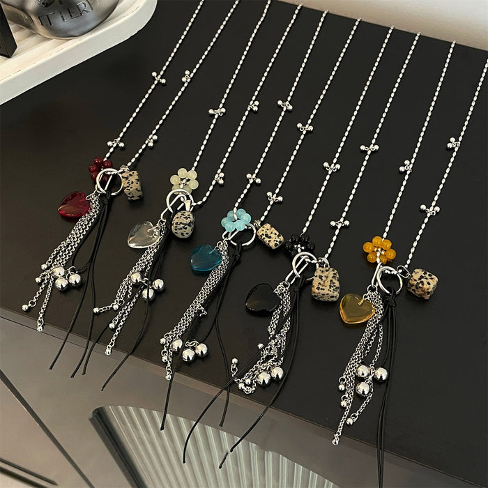 Light Luxury Alloy Crystal Heart Geometric Pendant Tassel Sweater Necklace For Women
