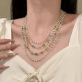 Light Luxury Colorful Faux Pearl Crystal Round Beaded Multi Layer Choker Necklace For Women view 3