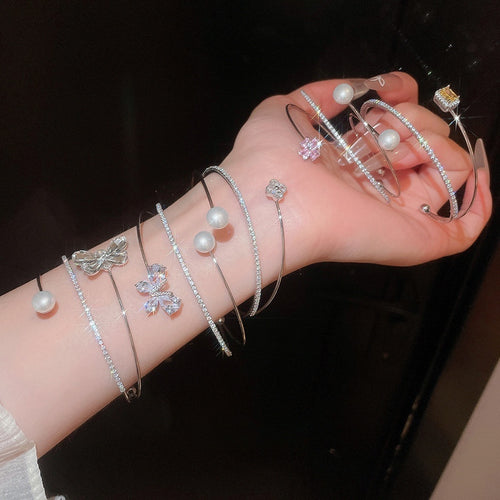 Sparkling Zircon Three Layer Flower Pearl Copper Open Bangle French Palace Light Luxury Style