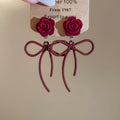 Light Luxury Alloy Bow Rose Flower Pearl Pendant Drop Earrings For Women view 3