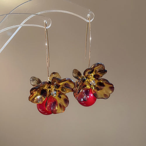 Vintage Acrylic Flower Leopard Print Pearl Pendant Drop Earrings, Maillard Style Ear Hooks