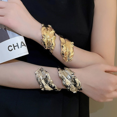European Style Alloy Wrinkled Leaf Open Cuff Arm Bangle Fashion Statement Bracelet