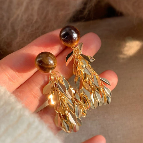 Light Luxury Resin Ball Leaf Tassel Drop Earrings With Silver Pins Vintage Two Way Stud Design