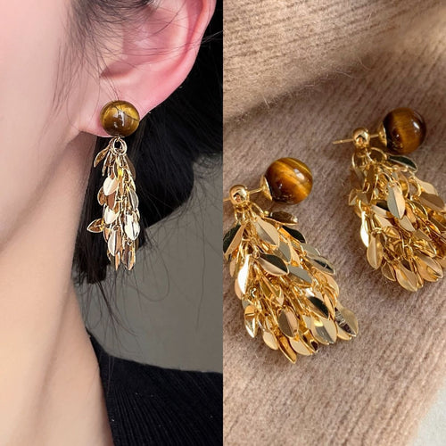Light Luxury Resin Ball Leaf Tassel Drop Earrings With Silver Pins Vintage Two Way Stud Design