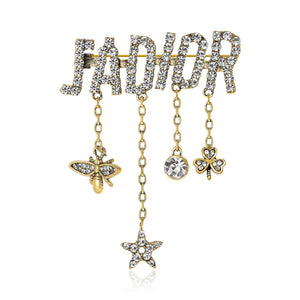 Gold Alloy Letter Tassel Brooch Pin With Anti Exposure Chain