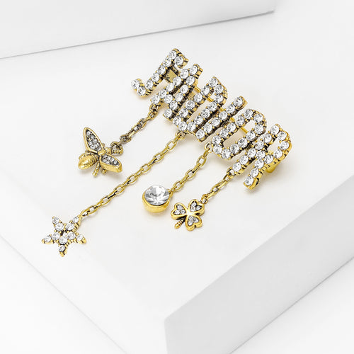 Gold Alloy Letter Tassel Brooch Pin With Anti Exposure Chain