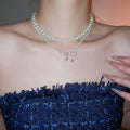 Light Luxury Faux Pearl Beaded Bow Pendant Two Piece Necklace Elegant Zircon Choker view 1
