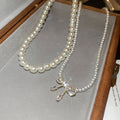 Light Luxury Faux Pearl Beaded Bow Pendant Two Piece Necklace Elegant Zircon Choker view 4