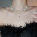 Light Luxury Faux Pearl Beaded Bow Pendant Two Piece Necklace Elegant Zircon Choker view 3