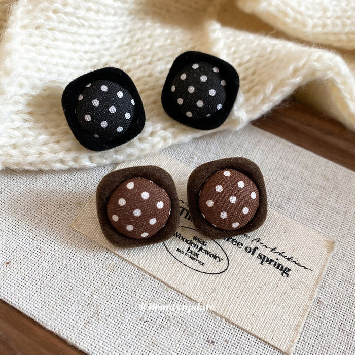 Fabric Flower Polka Dot Diamond Stud Earrings With Silver Needle Vintage Maillard Style Women's Ear Jewelry