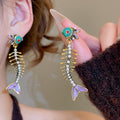 Enamel Carp Fish Faux Pearl Pendant Drop Earrings With Silver Pins Unique Fashion Jewelry view 2