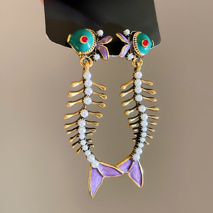 Enamel Carp Fish Faux Pearl Pendant Drop Earrings With Silver Pins Unique Fashion Jewelry