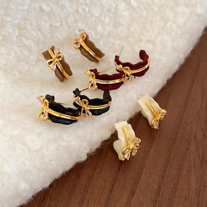 18K Gold Plated Copper Bowknot C Shape Stud Earrings With Rhinestones Vintage Hong Kong Style