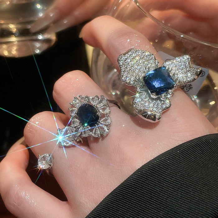 Luxury Copper Zircon Flower Waterdrop U-Shaped Ring For Women Court Style Statement Jewelry