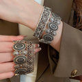 Vintage Distressed Alloy Bangle With Rhinestone Square Flower Hollow Geometric Design view 2