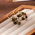 French Vintage Gold Alloy Hoop Dangle With Tiger Eye Beaded Cluster Elegant Maillard Style Earrings view 3