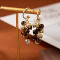 French Vintage Gold Alloy Hoop Dangle With Tiger Eye Beaded Cluster Elegant Maillard Style Earrings view 2