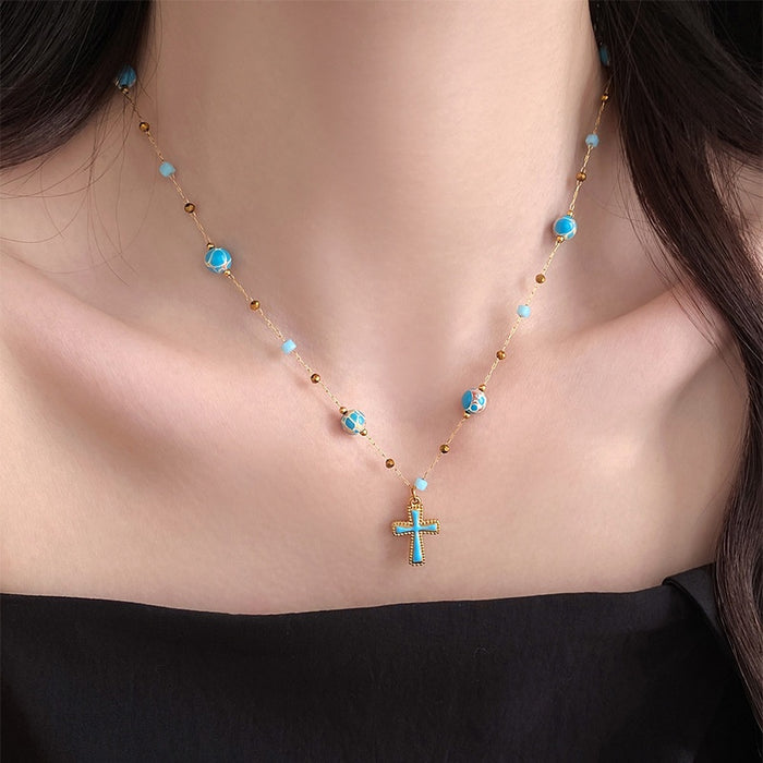 Vacation Style Stainless Steel Stone Bead Cross Pendant Sweater Necklace For Women
