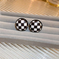 Geometric Round Leather Stud Earrings With Silver Pins Black White Plaid Minimalist Style view 4