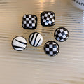 Geometric Round Leather Stud Earrings With Silver Pins Black White Plaid Minimalist Style view 2