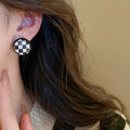 Geometric Round Leather Stud Earrings With Silver Pins Black White Plaid Minimalist Style view 3