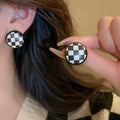 Geometric Round Leather Stud Earrings With Silver Pins Black White Plaid Minimalist Style view 1
