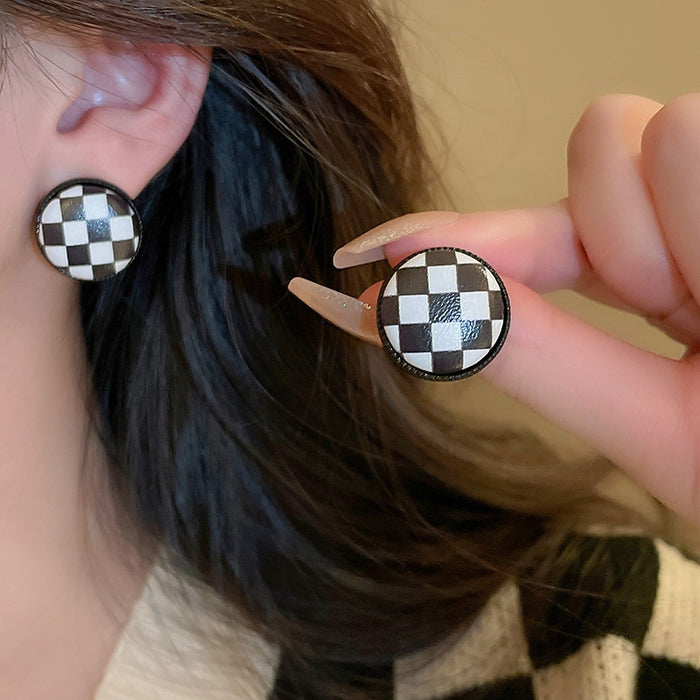 Geometric Round Leather Stud Earrings With Silver Pins Black White Plaid Minimalist Style