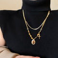 18K Gold Plated Tiger Eye Beaded Round Pendant Sweater Necklace Vintage Maillard Style view 2