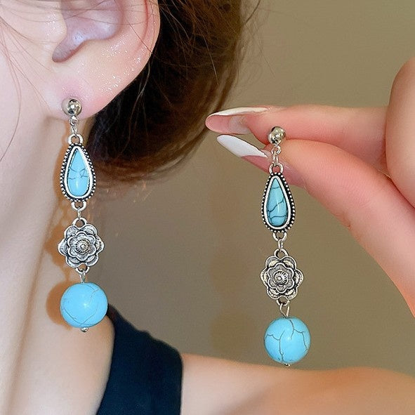 Vintage Ethnic Stone Flower Ball Teardrop Pendant Drop Earrings For Women