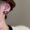 Silver Post Rhinestone Pearl Flocked Bow Stud Earrings For Women Light Luxury Winter Style view 3