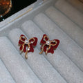 Silver Post Rhinestone Pearl Flocked Bow Stud Earrings For Women Light Luxury Winter Style view 4