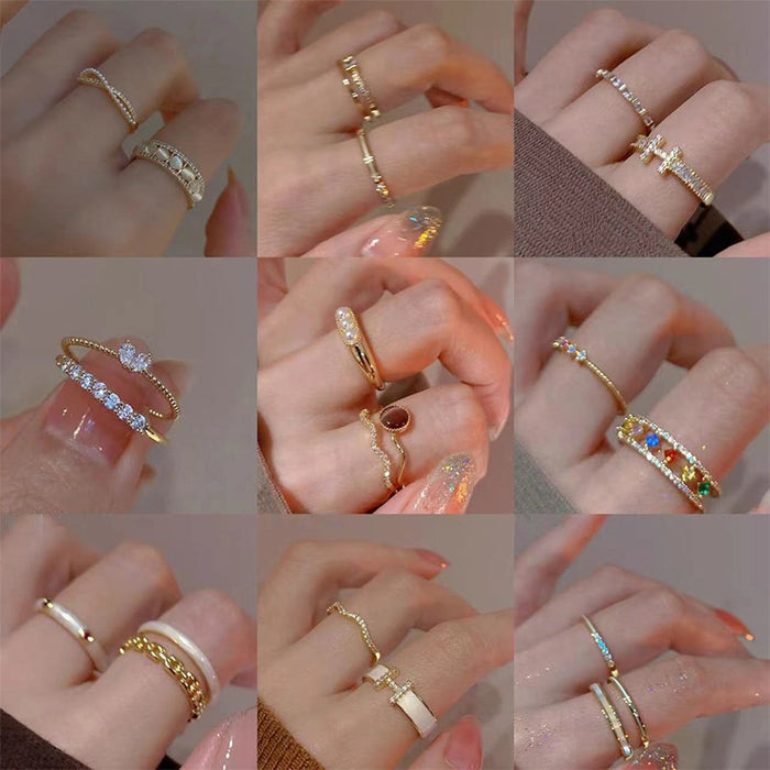 Gold Plated Copper Sparkling Zircon Round Heart Ring Light Luxury Geometric Fashion Jewelry