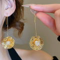 18K Gold Plated Copper Zircon Flower Threader Drop Earrings, Light Luxury European Style view 3