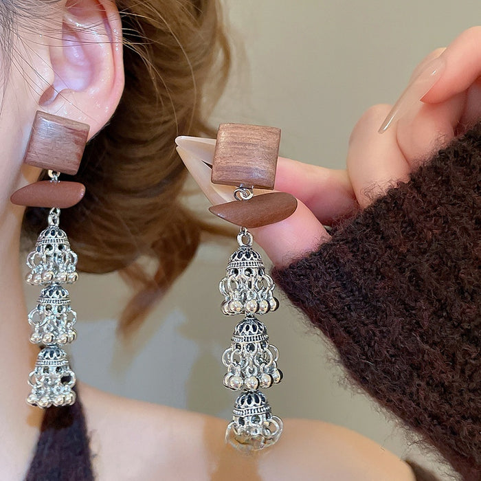 Vintage Ethnic Wood Square Hollow Tassel Drop Earrings With Silver Needle Geometric Design