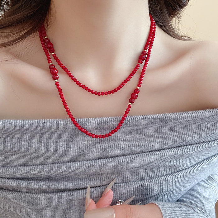 Ankola Red Faux Crystal Beaded Stackable Long Sweater Necklace Vintage Light Luxury Geometric Round Design