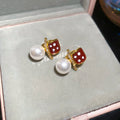 18K Gold Plated Red Faux Pearl Leaf Drop Earrings Court Style Light Luxury Ear Jewelry view 4