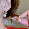 18K Gold Plated Red Faux Pearl Leaf Drop Earrings Court Style Light Luxury Ear Jewelry view 1