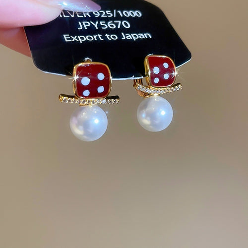 18K Gold Plated Red Faux Pearl Leaf Drop Earrings Court Style Light Luxury Ear Jewelry