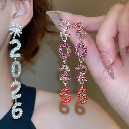 Light Luxury Alloy Rhinestone Flower 2026 Number Tassel Drop Earrings With Silver Pins