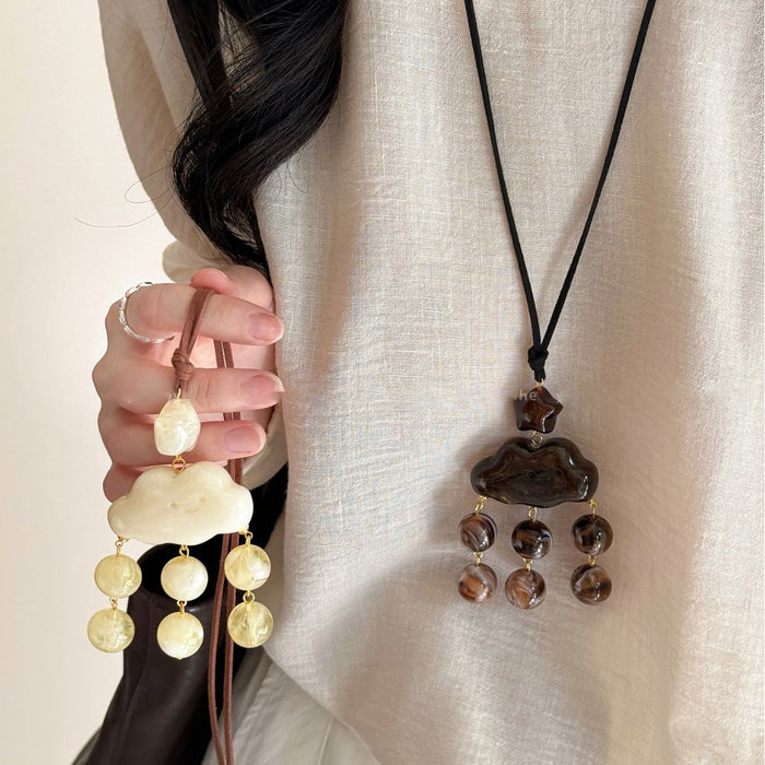 Leather Resin Cloud And Star Pendant Sweater Necklace For Women, New Chinese Ethnic Style