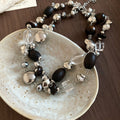 Vintage Dark Style Double Layer Glass Crystal Wood Bead Geometric Round Choker Necklace view 2