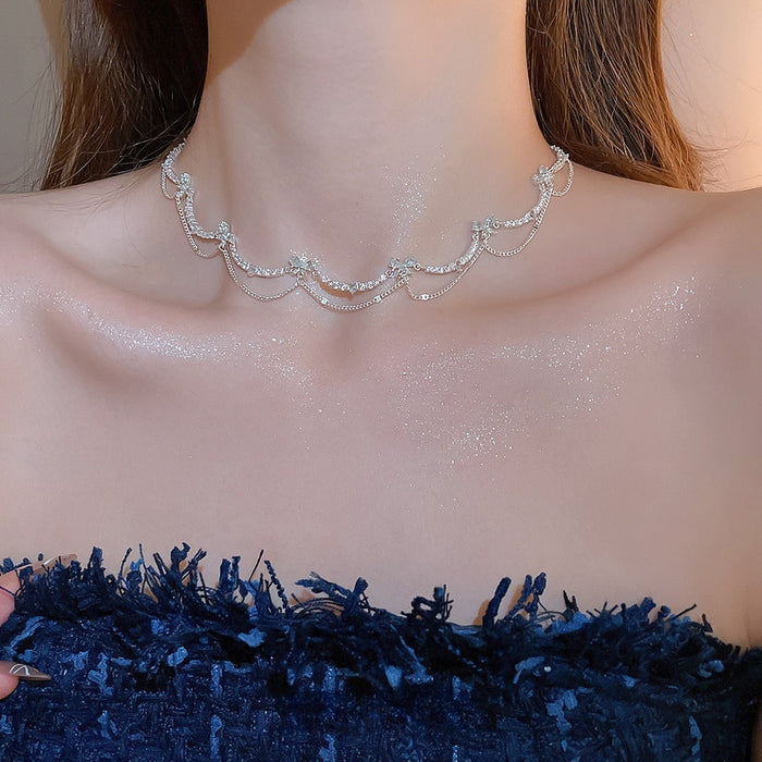 Luxury Copper Zircon Butterfly Heart Pendant Necklace Elegant Sparkly Collarbone Choker