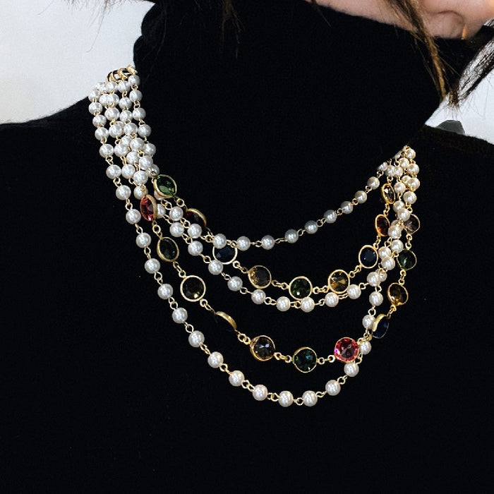 Vintage Faux Pearl Crystal Round Beaded Multi Layer French Court Choker Necklace For Women
