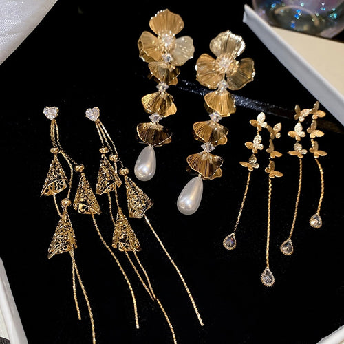 18K Gold Plated Copper Rhinestone Heart Flower Butterfly Tassel Drop Earrings With Silver Posts