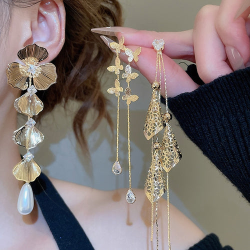 18K Gold Plated Copper Rhinestone Heart Flower Butterfly Tassel Drop Earrings With Silver Posts