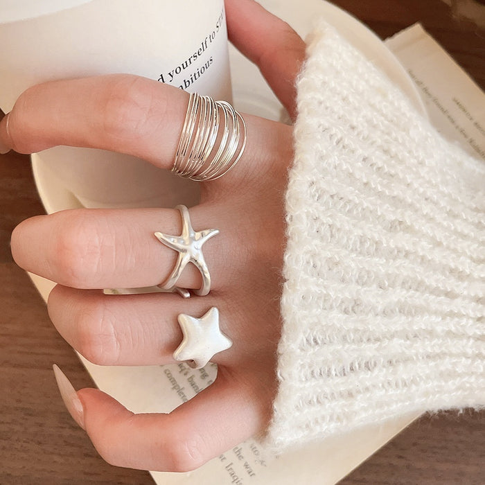 European Style Copper Silver Tone Multilayer Star Open Ring Minimalist Geometric Finger Jewelry